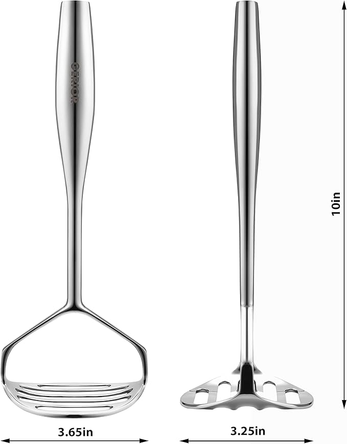 Heavy Duty Stainless Steel Potato Masher - Solid Cast 304 Stainless Steel - Mirror Polished, Professional Ergonomic Hand Masher for Potatoes, Sweet Potatoes, Avocado, Beans, Meat & Baby Food