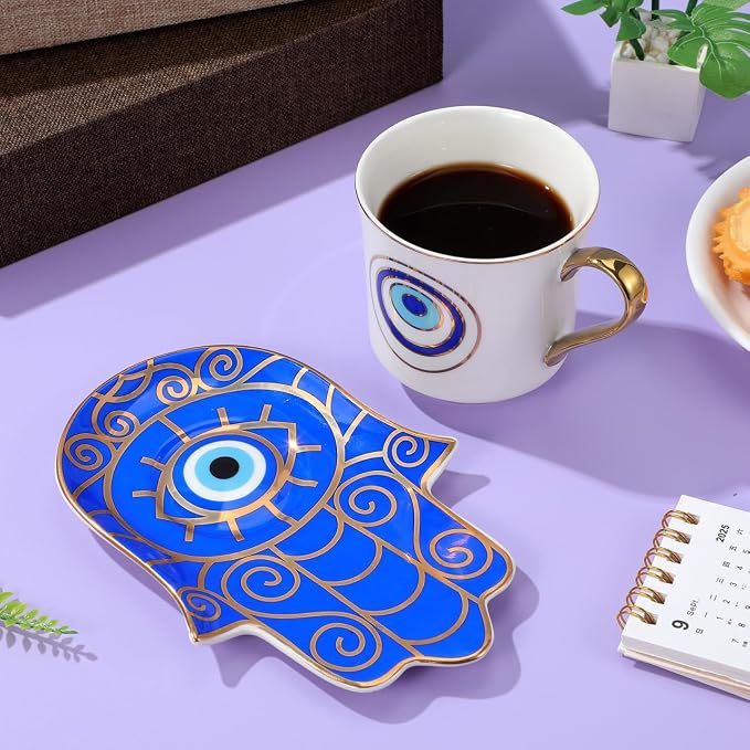 Kichvoe Evil Eye Coffee Mug with Saucer Set Ceramic Porcelain Tea Cup 4.13X2.95X2.95 Inch Microwave Dishwasher Safe for Home Office Beverage Milk Water