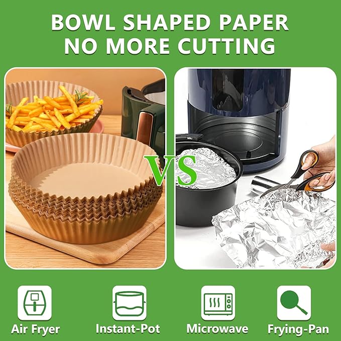 200pcs Air Fryer Disposable Paper Liner, Non-Stick Disposable Air Fryer Parchment Paper Liners, Baking Paper for Air Fryer Oil-Proof, Water-Proof, Food Grade Parchment（6.3" in Bottom, 8" on top）
