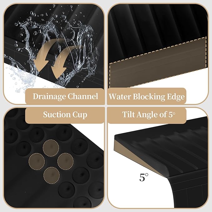 Sink Edge Protector with Suction Cup, 14" x 4", Silicone Sink Splash Guard for Kitchen & Bathroom, Protect Countertop from Scratches, Stains, for Stainless Steel Granite Quartz, Black