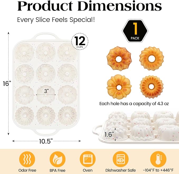 Vinino 3 Inch Silicone Mini Fluted Tube Cake Pan with Metal Reinforced Frame, 4 Different Shapes, 12-Cavity Mini Flan Mold, Nonstick Baking Pan for Mini Donuts, Jello, Pudding, Brownies, 1 Pack