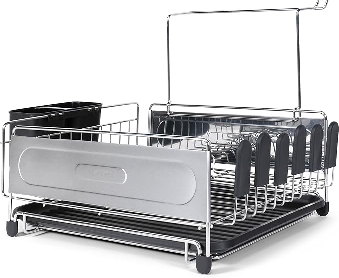 Eyely HSD1000A Compact 17.25" Stainless Steel Rust-Proof Dish Drying Rack with Removable Tray, Removable Utensil Holder, and Wine Glass Holder, Stainless Steel/Black, Silver/Black