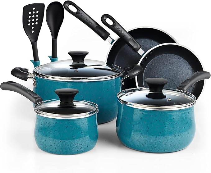Cook N Home Professional Pots and Pans Nonstick Cookware Set, Belly Shape Kitchen Cooking Set with Frying Pans and Saucepans, Induction Compatible, 10-Piece, Turquoise