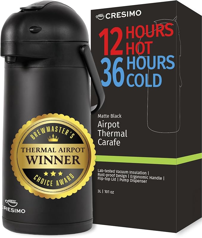 Airpot Coffee Carafe Dispenser with Pump, Black | 12 Hours Hot Water Retention, 36 Hours Cold Retention, Thermal Carafe for Hot Drinks, One-Handed Dispensing