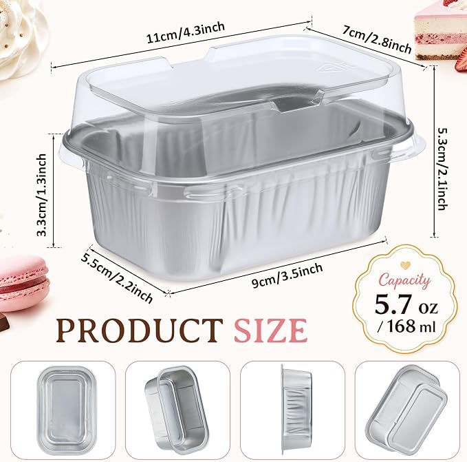 Vesici 100 Sets Mini Loaf Pans with Lids, 5.7 oz Disposable Aluminum Foil Baking Cups, Rectangle Cake Pans for Baking Storage Birthday Party(Silver)