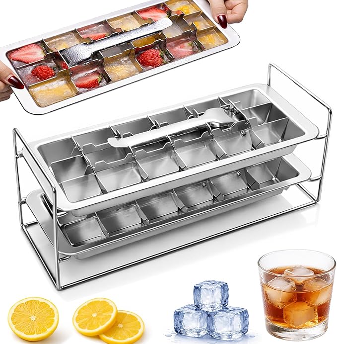 Stainless Steel Ice Cube Trays, Metal Ice Cube Trays for Freezer Vintage Inspired Design with Release Lever Remove Handle for Making Large Cubes Kitchen & Bar (2 pack)
