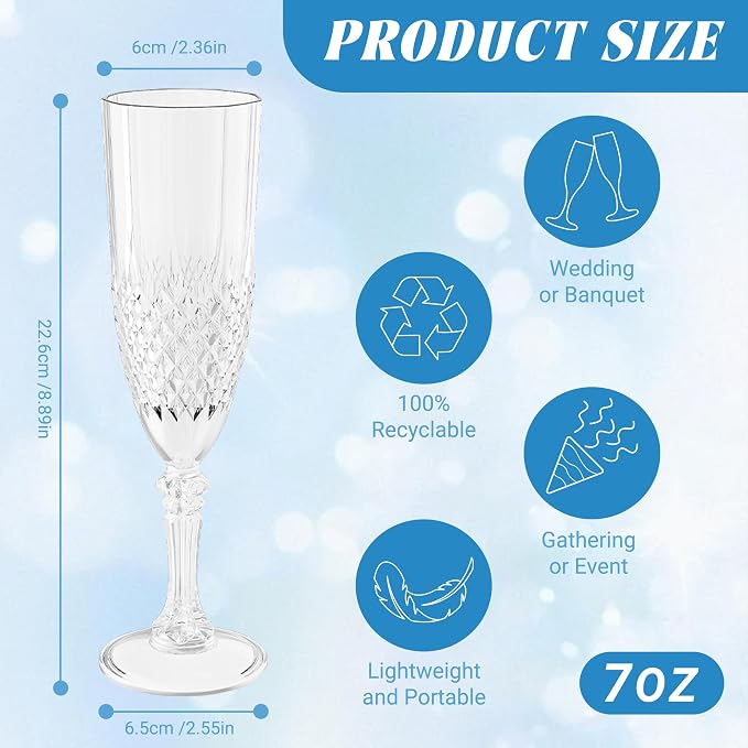 Plastic Champagne Flutes, Champagne Glasses Bulk, Reusable Unbreakable Acrylic Wine Glasses Goblets for Weddings Bachelor Parties Toasting Bridal Shower (100,Transparent)