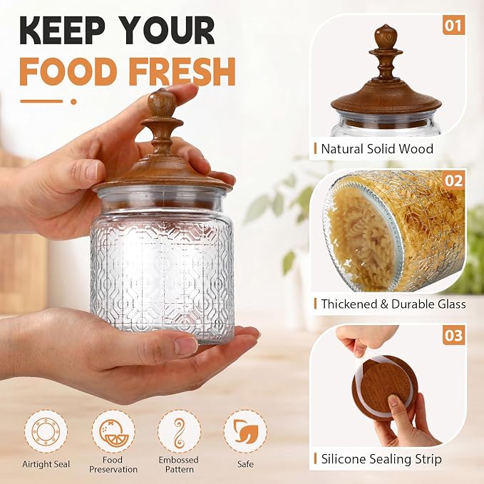 Suclain 6 Pack 17 oz Vintage Glass Jars with Wooden Crown Lids, Decorative Jars with Flower in the Window Pattern, Airtight Glass Food Storage Containers for Tea Coffee Spice Pantry Organization