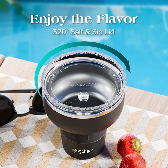 16 oz Cocktail Tumbler with Lid and Straw - Stainless Steel Insulated Margarita Tumbler - 320° Sippable Stemless Wine Cup for Party | Black