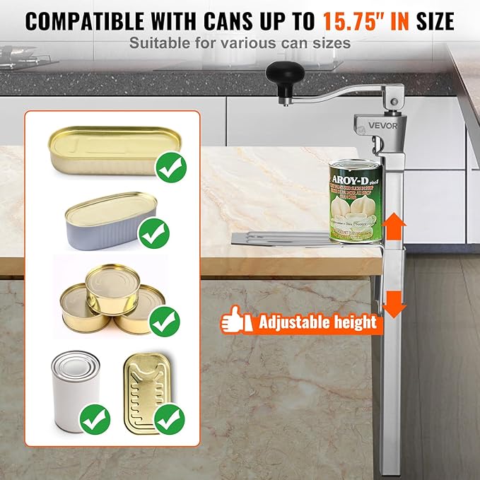 VEVOR Commercial Can Opener, Heavy-Duty Manual Tabletop Cans Opener for Cans Up to 15.75 in Height, Height-Adjustable Professional Can Openers Fixed with Screws, for Restaurant, Hotel, and Food Store