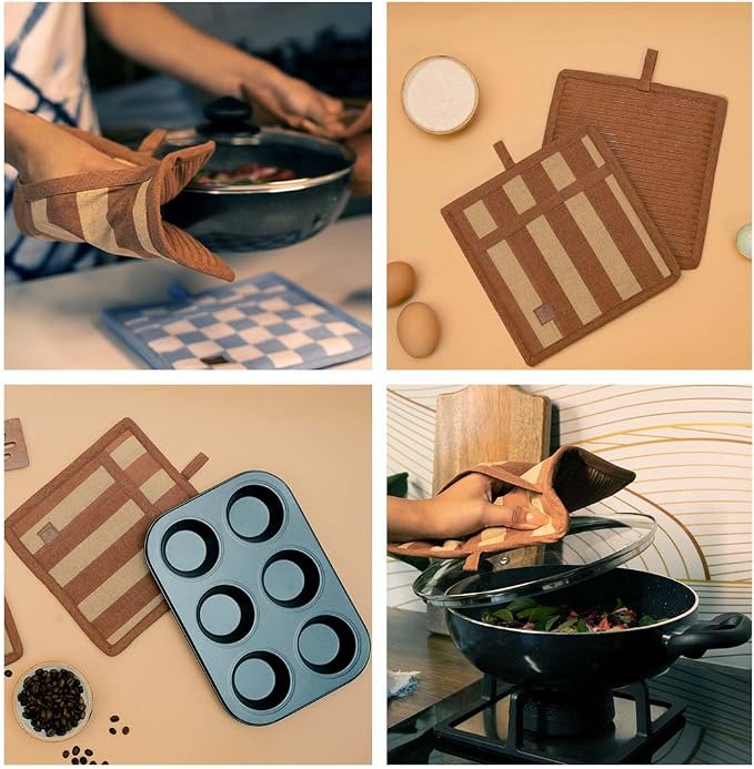 Folkulture Wooden Spoons for Cooking | 12" Premium Acacia Wooden Utensil Set of 5|Pot Holders for Kitchen | Pack of 2 (8x8) Ribbed Soft Silicone Hot Pads for Kitchen |Oven Pot Holders Set