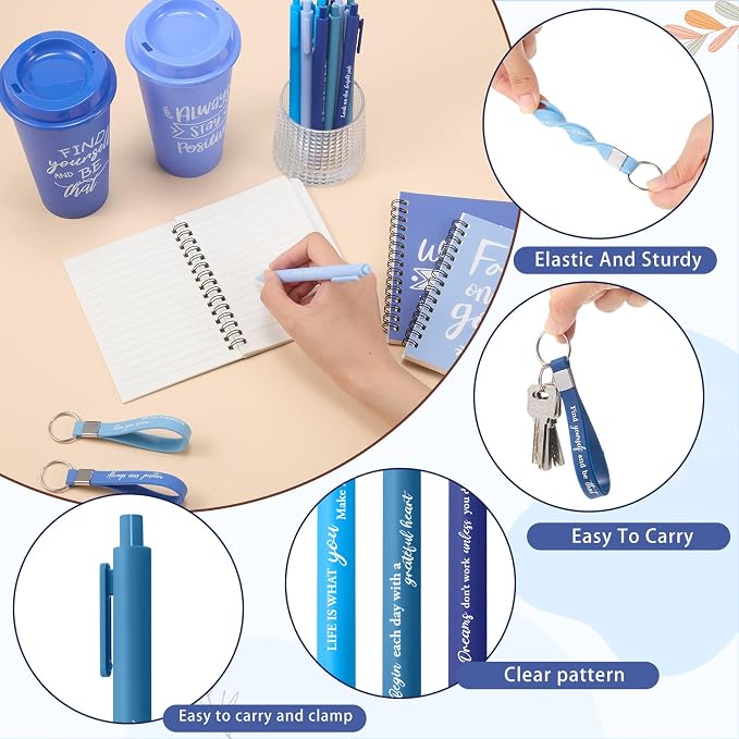 Skylety 12 Sets/48 Pcs Employee Appreciation Gift Baskets Bulk 16oz Inspirational Coffee Cup with Spiral Notebook, Pen & Keychain, Thank You Gifts for Staff, Teacher,Coworker, Team (Gradient Blue)