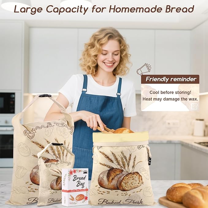 Beeswax Bread Bags for Sourdough, 3 Pack Reusable Bread Bag for Storage - XL 17x13 Inch and 10x8 Inch, Large Linen Bags for Homemade Sourdough - Keep Fresh, Freezer Safe