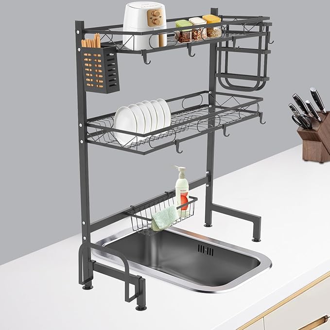2-Tier Over Sink Dish Drying Rack, Multifunctional Kitchen Rack Extra Large Extendable Dish Rack Carbon Steel Over Sink Dish Rack with 8 Hooks for Kitchen Counter (24in)