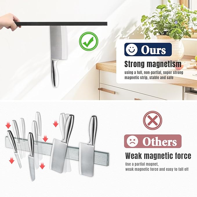 Dmore magnetic knife holder for wall—with 5 hooks, No Drilling 12 Inch black knife magnetic strip, Extra Strong Magnet knife rack, include Adhesive Tape and screws for Knives and Tools