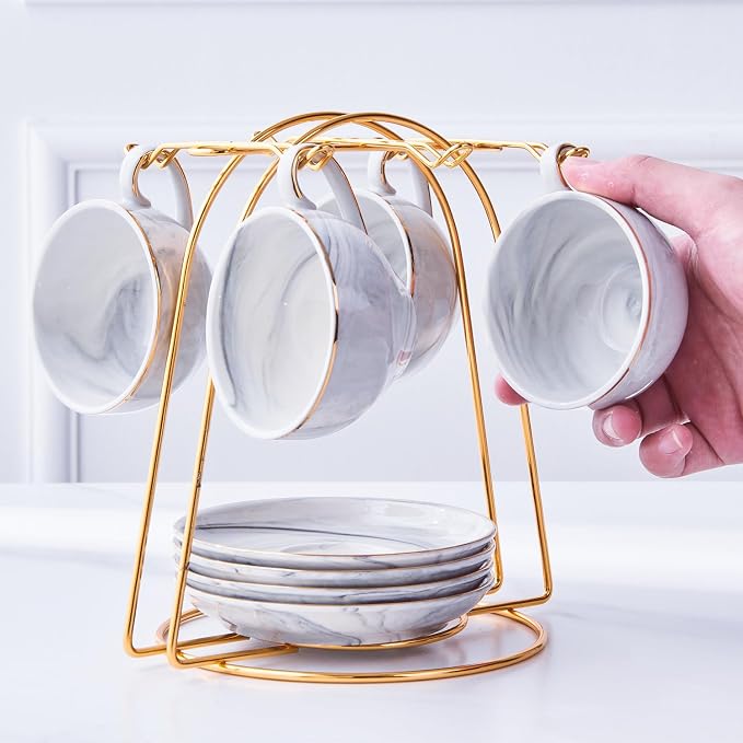 Ceramic Espresso Cups Set with Saucers and Metal Stand, 4 oz Porcelain Stackable Cappuccino Cups Teacup For Tea, Espresso, Latte, Coffee, Cafe Mocha（Gray）