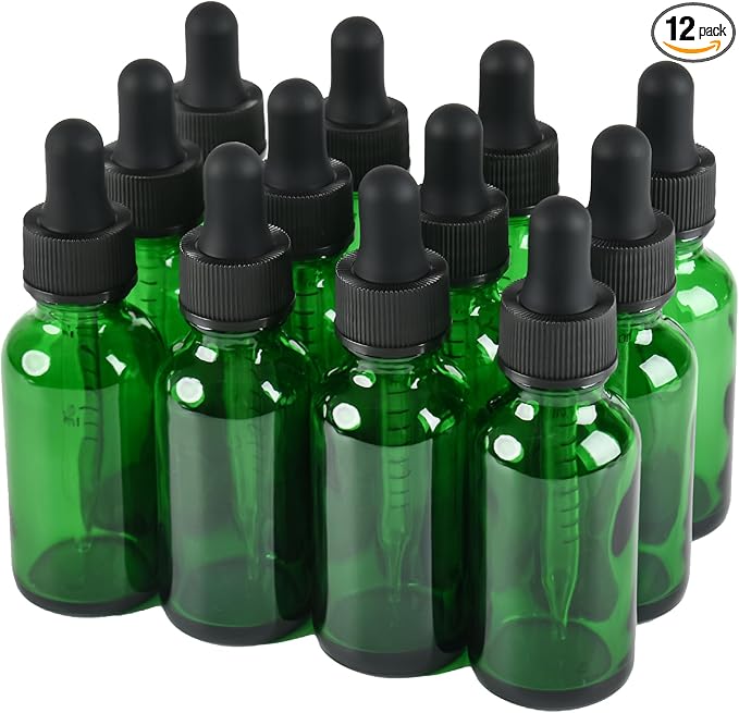 NOOEEISS 12 Pcs, 1oz Dropper Bottle, Green Glass Eye Dropper Bottle,Tincture Bottles with Dropper, Leak-Proof Design, Stronger Suction, for All Kinds of Mixed Liquids