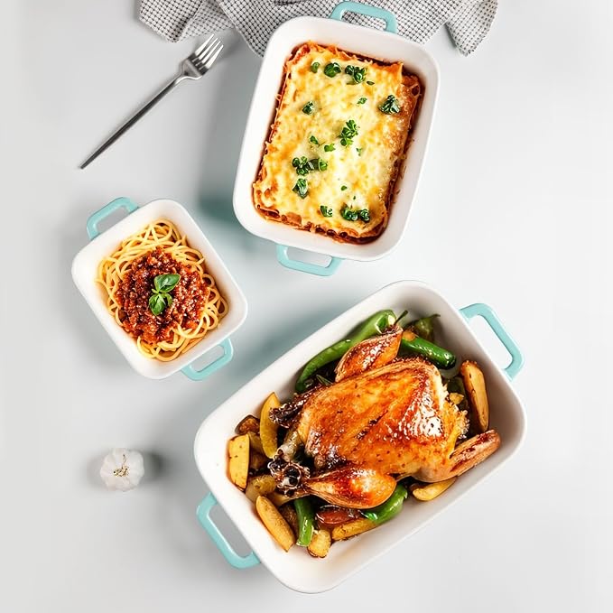 Sweejar Relief Casserole Dishes for Oven, Ceramic 9x13 Baking Pans Set for Cooking, Cake, Banquet and Daily Use, Rectangular Bakeware Set, Porcelain Baking Dish, Lasagna Pan Deep with Handles(Turquoise)