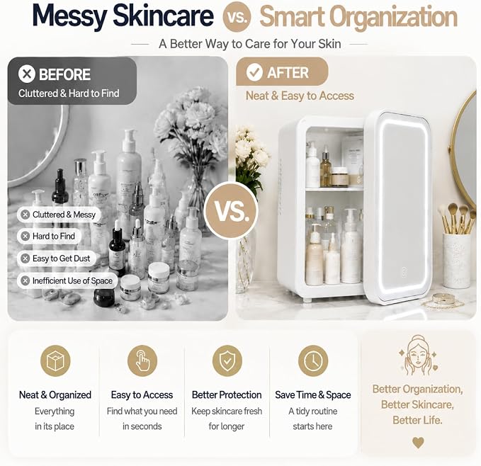 4L / 6Cans mini skincare fridge with Dimmable LED Light Mirror, Mini Fridge for Skin Care, Cosmetics, Beverage, Beauty Fridge for College Dorm, Office, Home, Car, Travel cooler and warmer (white)