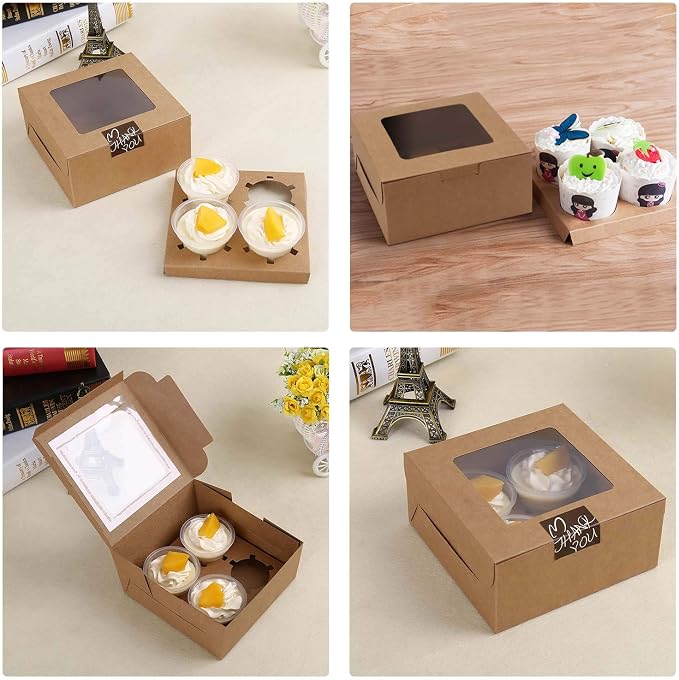 EUSOAR Muffins Boxes 4 Count, 50pcs Muffin Containers Cupcake Boxes with Insert and Display Window, Natural Color Kraft Cupcake Carrier Fits 4 Cupcakes or Muffins (6.4" x 6.3")