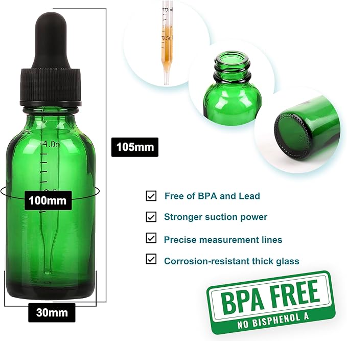 NOOEEISS 48 Pack,1oz Glass Dropper Bottle,Green Tincture Bottles with Dropper,Pretty Finish for All Kinds of Liquids,Oil Bottles for Hair- Stronger Suction ideal for Leakproof Travel