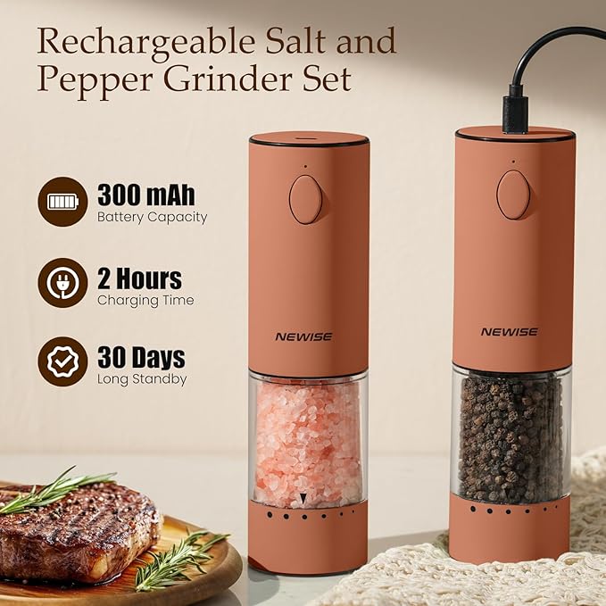 Newise Electric Salt and Pepper Grinder Set Rechargeable with LED Lights, Automatic Pepper & Salt Mill, Adjustable Coarseness, Large Capacity, Brown