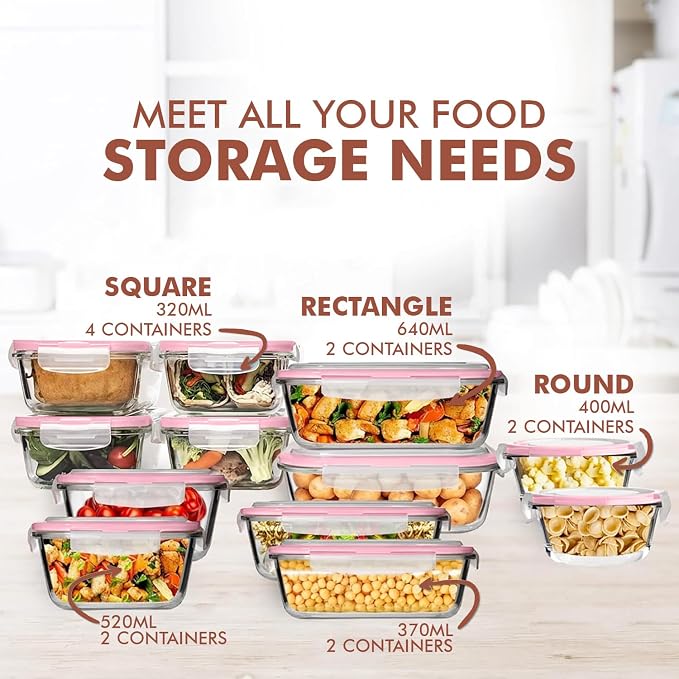 Razab 24 Pc Airtight Glass Food Storage Containers - Glass Meal Prep Containers - Freezer to Oven Safe - Steam Release Valve BPA Free - Airtight Bento Boxes - Leak Proof (12 lids & 12 Containers)