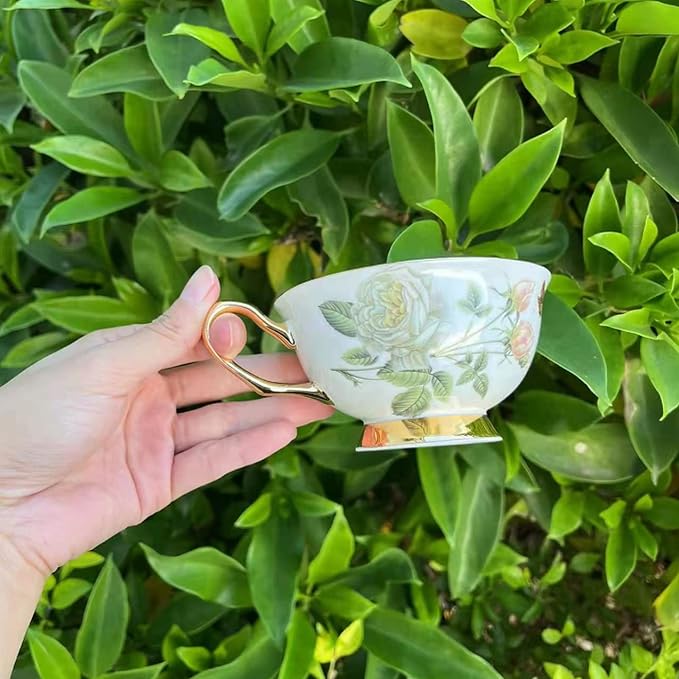 Honorable Coffee Cup Mug, Cappuccino, Tea Cup, with Saucer for Latte, Fine Bone Porcelain, Reactive Glaze, 6.8 Oz-1pcs (Elegant White Roses)