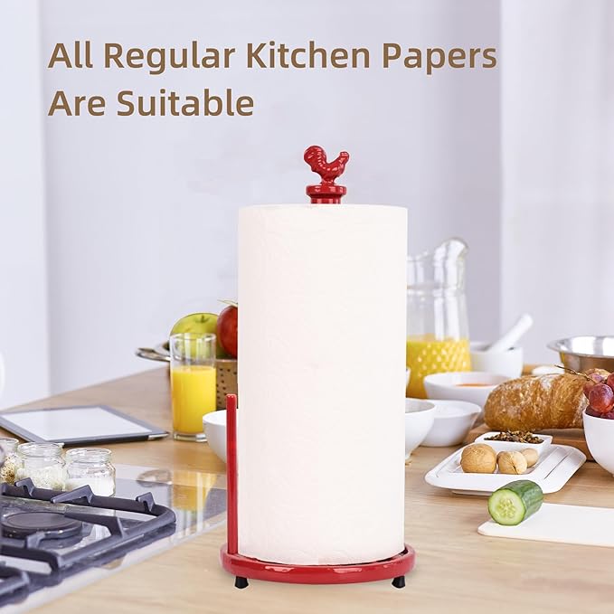 Vintage Red Rooster Cast Iron Paper Towel Holder for Kitchen Countertop - Farmhouse Decor Freestanding Dispenser with Heavy Base, Fits Jumbo Rolls, Easy One-Handed Tear