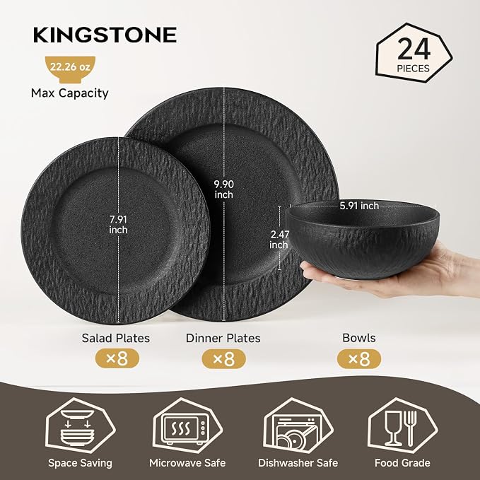KINGSTONE Dinnerware Sets, 24-Piece Premium Porcelain dishes set, Matte Marble Pattern Plates and Bowls Sets for 8, Place Setting with Dinner Plate, Salad Plate, Pasta Bowl (Black)