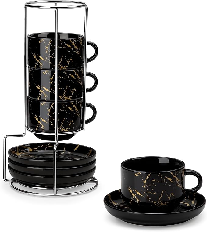 MALACASA 4 OZ Porcelain Espresso Cups with Saucers and Metal Stand Set of 4, Stackable Cappuccino Cups, Marble Black Expresso Shots Cup Set for Coffee Drinks, Latte, Tea