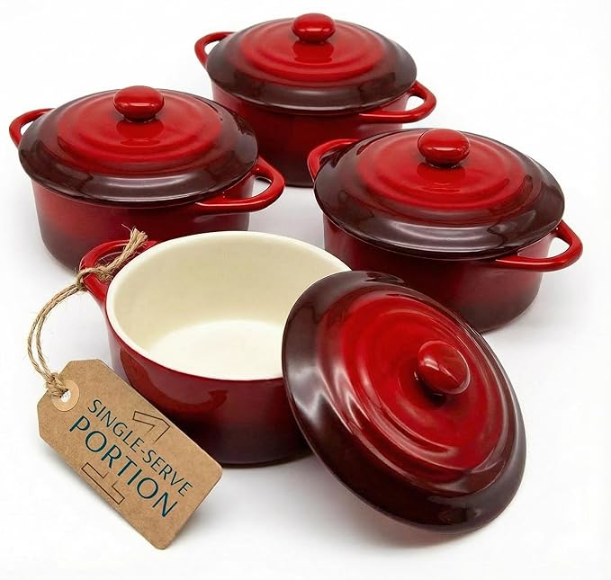 Kook Ceramic Mini Cocotte Set, Small Casserole Dishes with Lids and Handles, Individual Baking Ramekins, Oven safe 350F, Microwave & Dishwasher Safe, Stoneware, 12 oz, Set of 4, (Crimson Ombre)