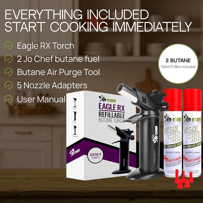 Jo Chef Eagle RX Culinary Crème Brûlée Torch – Butane Blow Torch with Safety Switch, Adjustable Flame, Fuel Gauge and Hand Shield for Crème Brûlée, BBQ, Searing & DIY – 2 cans (3.38oz) Included