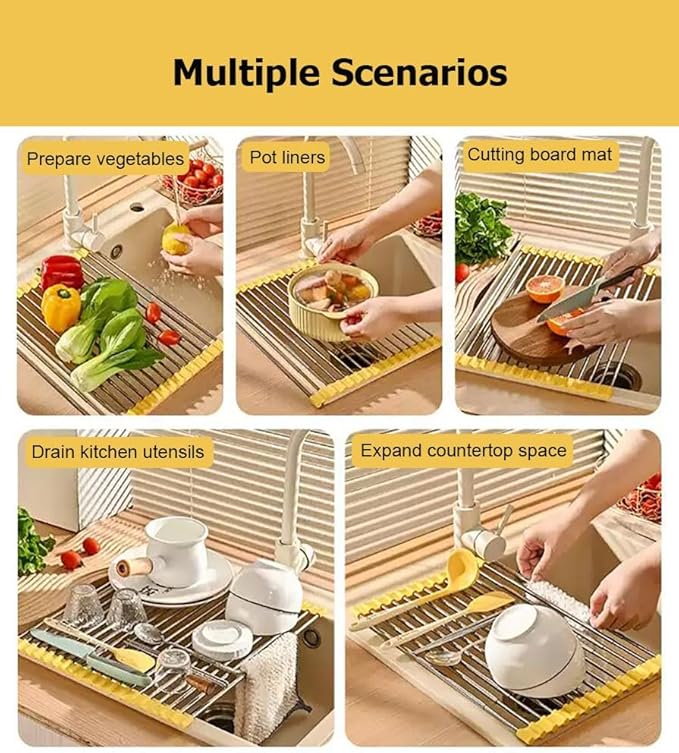 1 2 4 Set Telescopic Drain Rack Roll Up Rack Heat-Resistant, Non-Slip Silicone Rolling Dish Drainer, Kitchen Stainless Steel Over The Sink Dish Drying Rack Mat(1PC,W 39.5cm/15.6in)