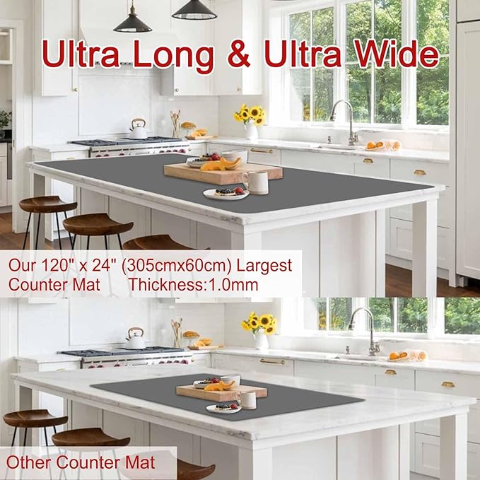 Largest Silicone Mats for Kitchen Counter, 120" x 24" Extra Large Heat Resistant Counter Mat, Kitchen Island Waterproof Thicken Non-slip Countertop Protector Mat, Dark Gray