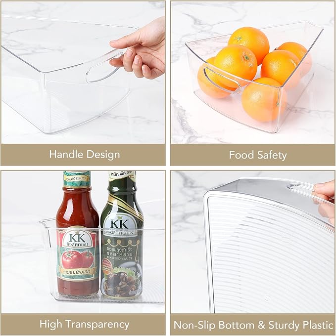 URALFA Lazy Susan Organizers Set of 4, 10"x 9.5"x 4" Corner Cabinet Organizer, Plastic Transparent Kitchen Cabinet Storage Bins with Handle, 4" Deep Container, 1/8 Wedge - Food Safe, BPA Free