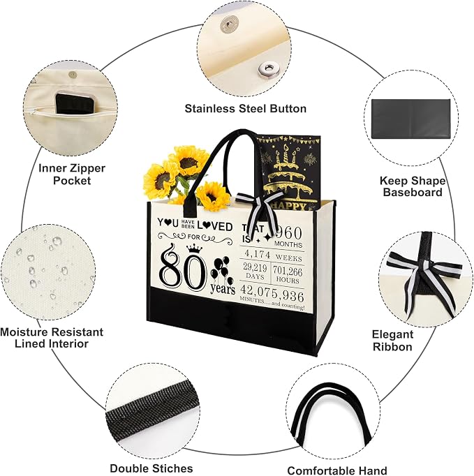 YeohJoy 80th Birthday Gifts for Women 80 and Fabulous Canvas Tote Bag Travel Gear, Unique 80 Years Old Gifts for Wife Sister Grandma Mom Aunt Friends Her, Handbag & Cosmetic Bag & 80 Birthday Poster
