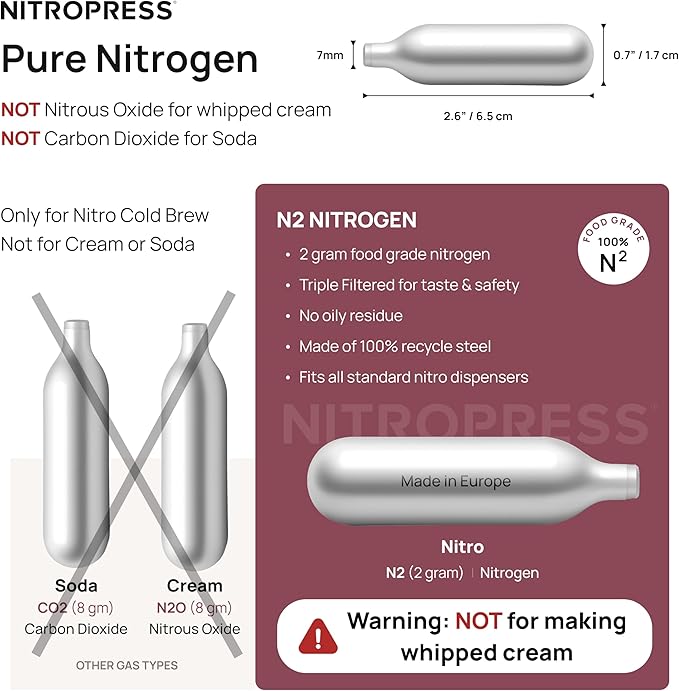 NitroPress Pure Nitrogen Cartridges - N₂ Cartridges for Cold Brew - 20 Pack Food-Grade Nitrogen Chargers for Nitro Cold Brew Coffee, Cocktails, Tea, Beer, Matcha