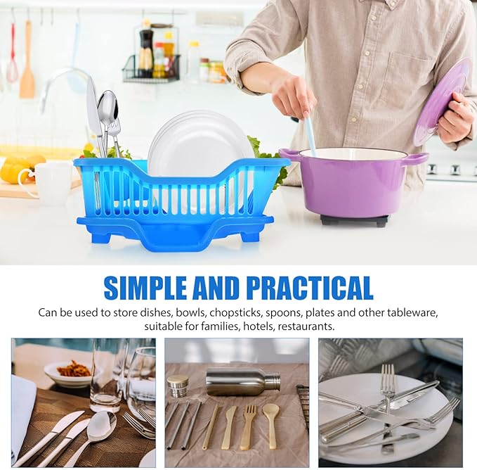 IMIKEYA Sink Dish Rack Drainer Plastic Dish Drying Draining Rack Over The Sink Kitchen Tableware Drying Basket with Cutlery Holder for Kitchen Counter Blue