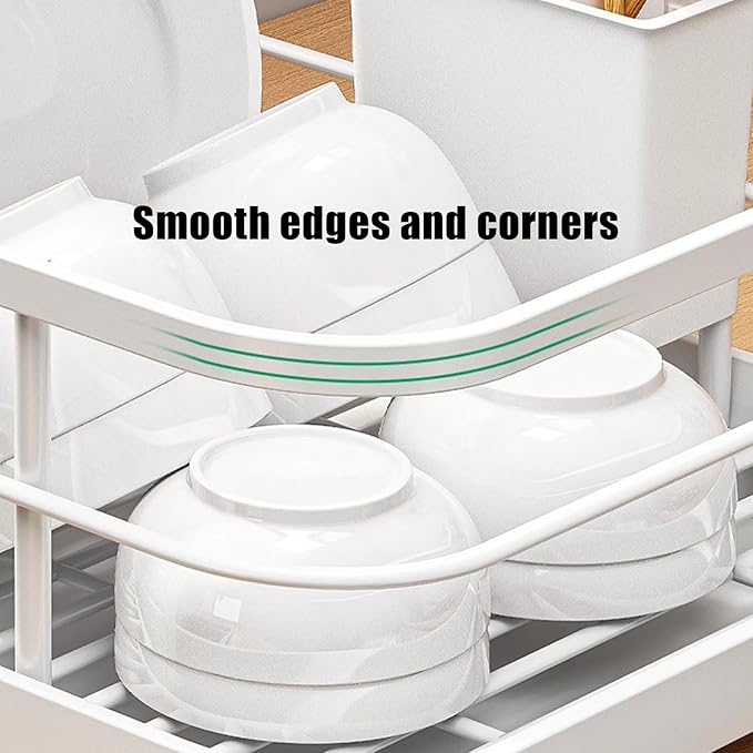 Kitchen Counter Dish Drying Rack,Stainless Steel Dishes Drainer with Utensil Holder,Space-Saving Dish Rack,Removable Plastic Drainer Tray for Dishes, Knives, Spoons (Gold,Has Cup Holder)
