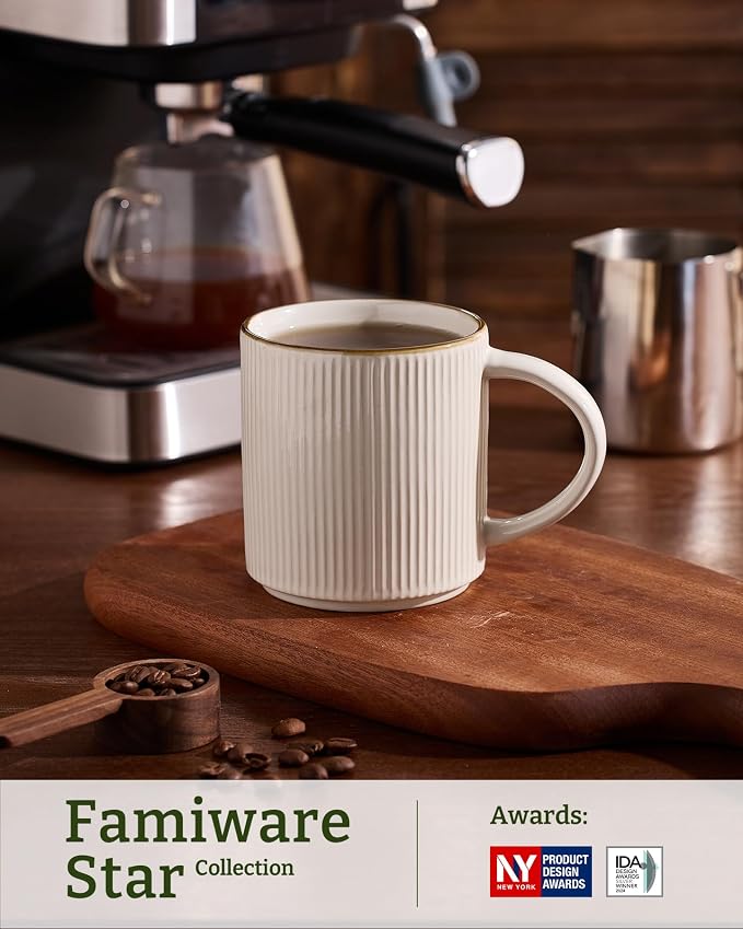 famiware Coffee Mug Set for 6, Star 16 oz Catering Mugs Cup Set with Handle for Coffee, Tea, Cocoa, Milk - Ceramic Stoneware Drinkware Set, White