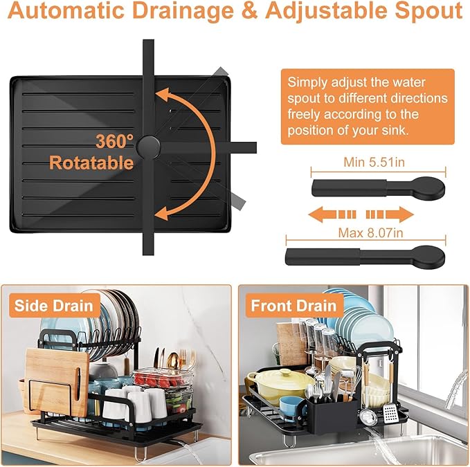 2-Tier Dish Drying Rack for Kitchen with Drainboard Detachable Kitchen Drainer Organizer Set, Metal Sink Organization and Storage Essentials with Utensil Holder Bowl Dish Rack