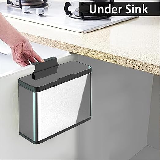 Wall Mounted Hanging Kitchen Trash Can Stainless Steel Bin 3L 0.8 Gallon Slim Cabinet Door Over Counter Lid Manual Open Small Bathroom RV Dorm Office Removable Liner Ring Bag Storage Hook