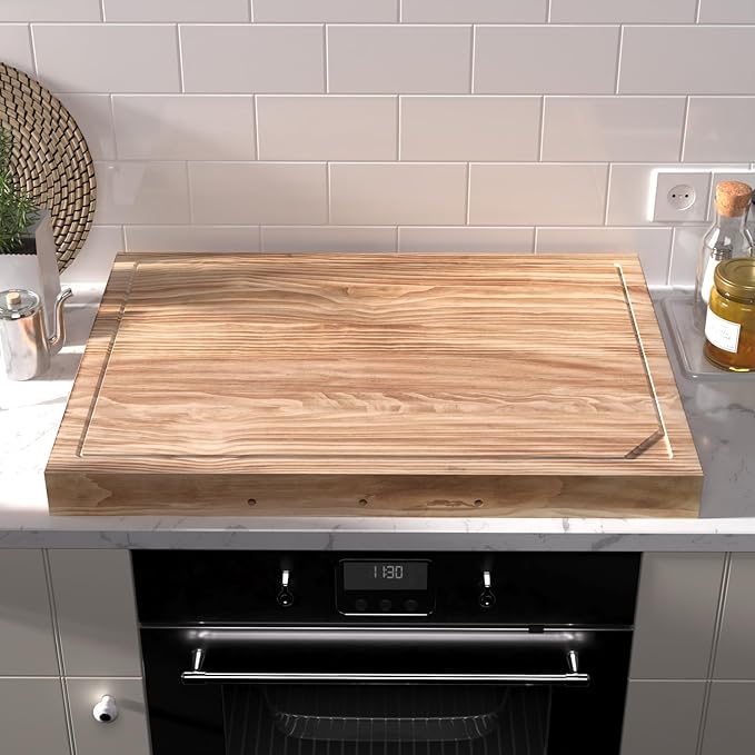 Wooden Stove Top Covers for Gas Burner and Electric Stove, Glass Cooktop Protector, Wood Noodle Board Stovetop Cover With Handles, Rustic