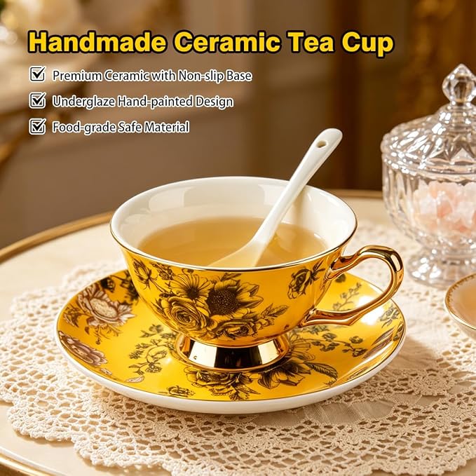 Elegant Floral Tea Cup and Saucer Set with Spoon | 7 oz