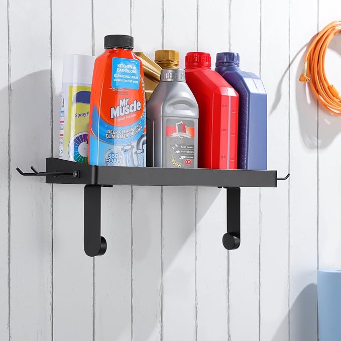 YIGII Garage Paper Towel Holder with Shelf, Wall-Mount Heavy Duty Paper Towel Rack with 4 Hooks, One-Hand Tear Tissue Holder for Workbench, Craft Room & Clean Station, Black