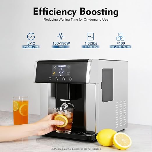 Nugget Ice Maker Countertop, 2-in-1 Electric Ice Dispenser Ice Water Maker with Self-Cleaning, 33lbs/Day Self Dispensing Bullet Head Round Fast Ice Machine for Home Office Cafes, 1.32lbs Storage