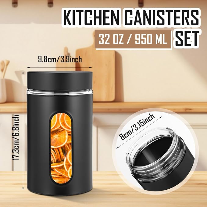Patelai 6 Pack Kitchen Canisters Set Airtight Stainless Steel Canister Food Storage Container with Window Glass, Coffee Sugar Candy Jars Tea Organizer for Flour Cookies Spice (Black,32 oz)