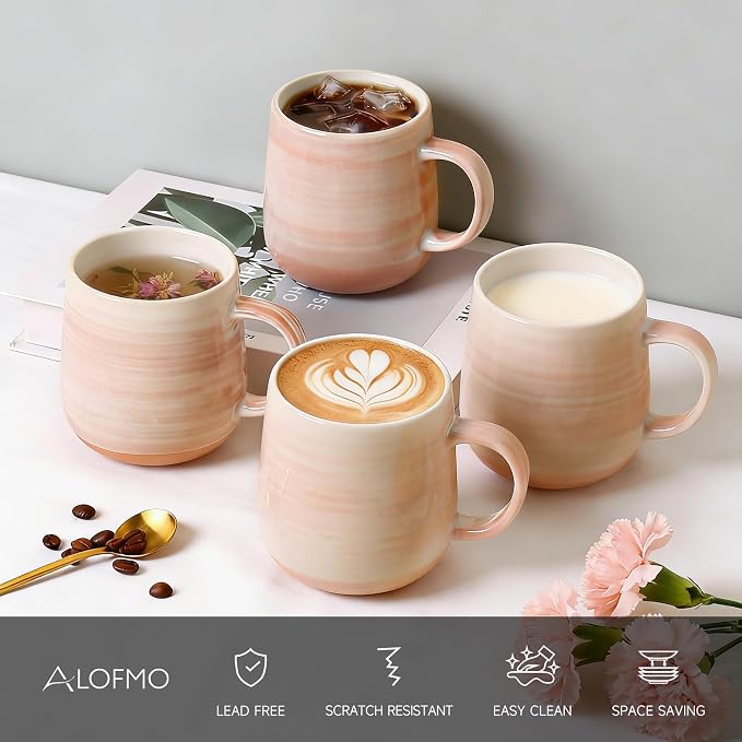 Coffee Mugs, Set of 4, Light Orange Ceramic Coffee Cups with Elegant Texture & Comfortable Handle, 12oz Stoneware Mugs - Dishwasher & Microwave Safe, Design for Home, Office, Cafe