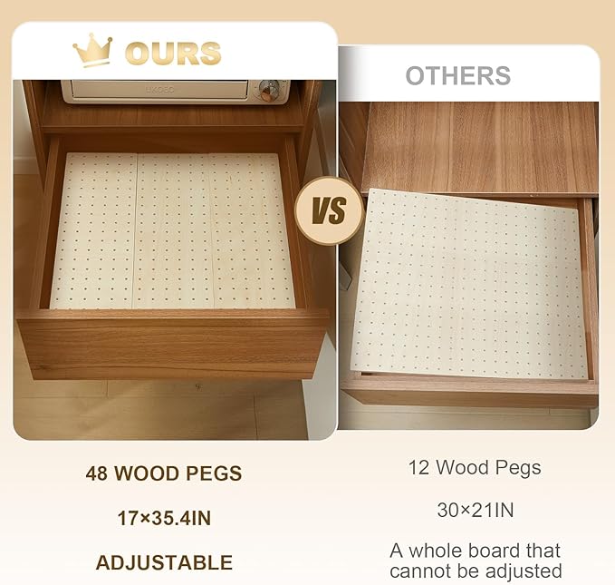 Kigley 6 Pcs Wood Pegboard Drawer Organizer with 48 Pegs Wood Peg Board System Peg Drawer Organizers for Kitchen Dishes Plate Pegboard Food Containers(17x5.91,Wood)